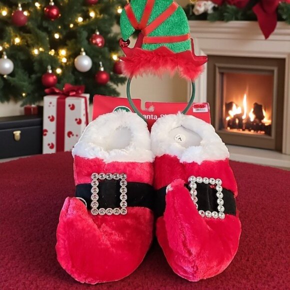 NWT plush stuffed Santa Christmas X-mas slippers & headband festive Size 7/8 - Picture 1 of 14